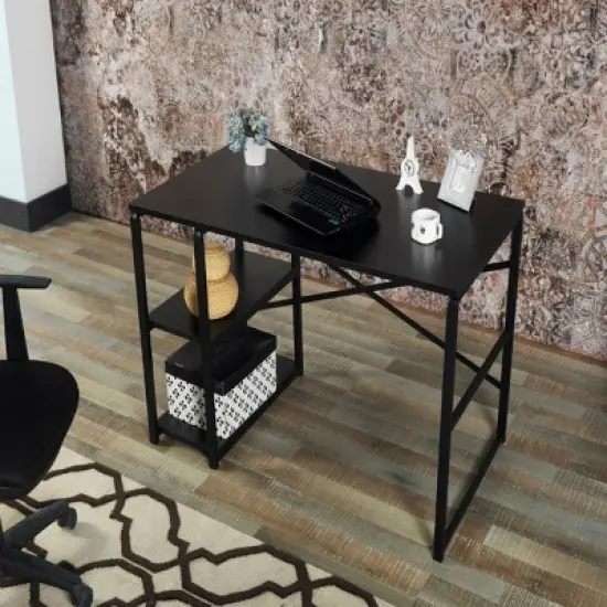 GlasFlength Desks Metal Frame 2 Shelves Computer Desk Gaming Desk Home Office Desk Simple Design for Small Spaces, Black, 25"*47"*28" image {3}
