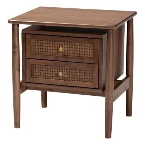Baxton Studio Alyssa Wood 2 Drawer Nightstand Woven with Rattan Walnut Brown image {5}