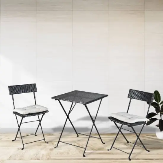 3pc Wicker Folding Outdoor Bistro Set with Cushions - Black/Beige - GODEER image {3}