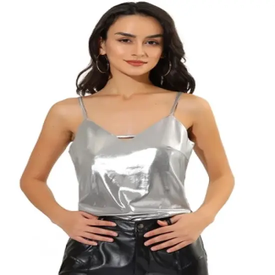Allegra K Women's Metallic Shiny Party Tank Top Deep V Camisole Tops image {6}