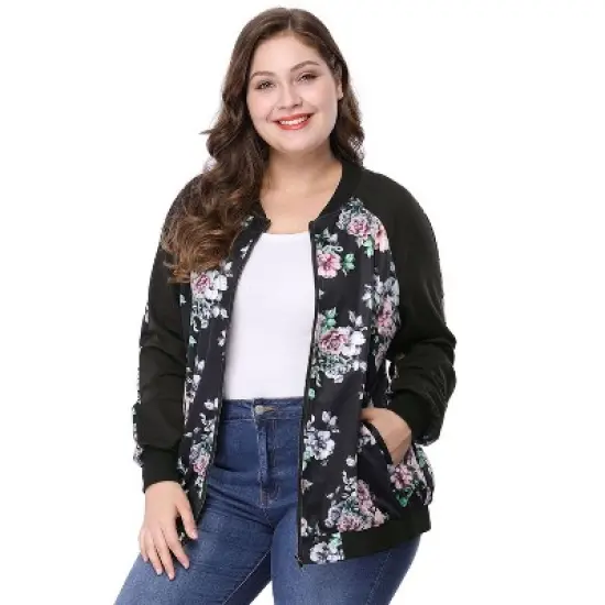Agnes Orinda Women's Plus Size Zipper Raglan Sleeves Floral Bomber Jacket image {2}