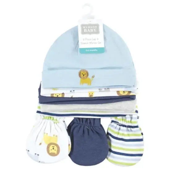 Hudson Baby Unisex Baby Cotton Cap and Scratch Mitten Set, Boy Yellow Safari, 0-6 Months image {1}