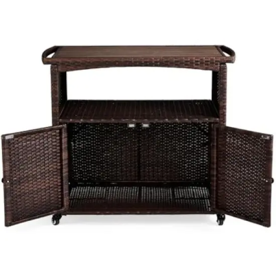 VINGLI Wicker Outdoor Bar Cart with Storage & Rolling Wheels, Patio Bar Table, Outdoor Storage Cabinet Buffet Cabinet Grill Cart for BBQ Pool Patio image {6}