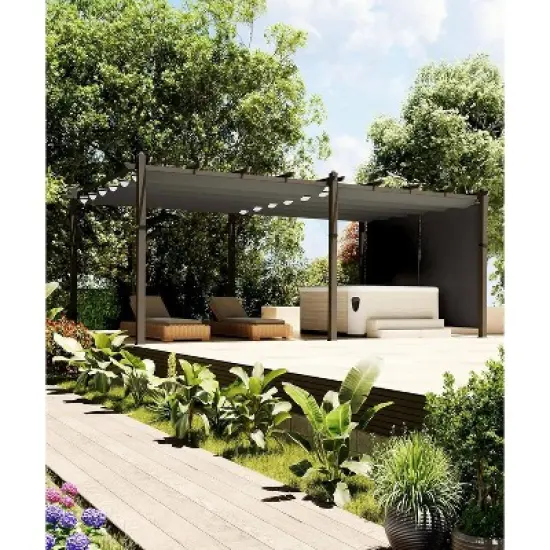 12x20ft Extra Large Aluminum Pergola with Adjustable Sun Shade Canopy, 4-Side Anchoring, Gray Frame & Curtains image {5}