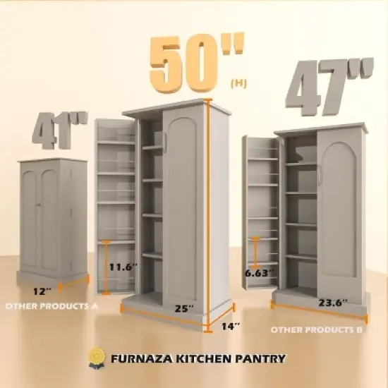 50 inch LED Kitchen Pantry Storage Cabinet with Adjustable Shelves and Door Racks, Freestanding for Small Spaces image {6}