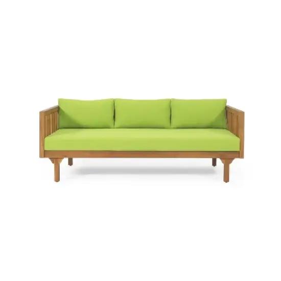 Claremont Outdoor 3 Seater Acacia Wood Daybed with Cushions Teak/Green - Christopher Knight Home: UV-Resistant, Water-Repellent Patio Sofa image {8}