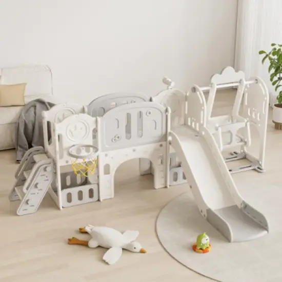 INFURNIC Baby Activity Gyms, Kids Play Set with Basketball Hoop and Extra long aisle, for Outdoor or Indoor Playground, Gray, 102.1"*25.6"*44.5" image {1}