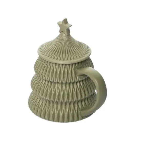 Transpac Dolomite 5.75 in. Green Christmas Sculpted Tree Mug with Lid image {3}