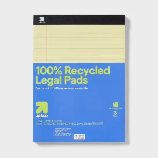 3pk Legal Pads 50 Sheets/Pack - up&up&trade;: White & Yellow, 8.5x11 Inch, Law Ruled, Tape Binding, Back-To-School Essentials image {3}