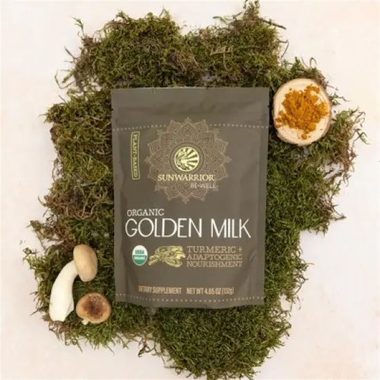 Organic Golden Milk Powder, Ashwaghanda & Turmeric Curcumin for Relaxation and Body Nourishment, Sunwarrior, 90g pouch (30 srv) image {1}