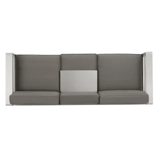 GDFStudio William Outdoor Aluminum 3 Seater Loveseat Sofa with Tray, Silver/Light Gray image {3}