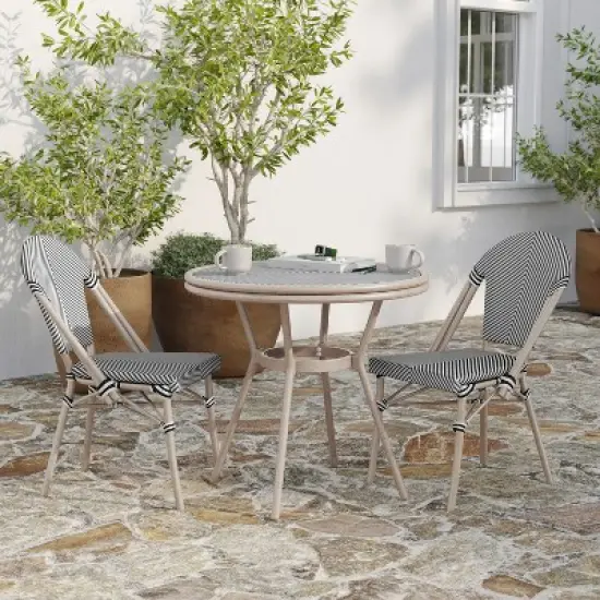 Merrick Lane Mael Bistro Style Table with Tempered Glass Top, Textilene, and Bamboo Finished Metal Frame for Indoor/Outdoor Use image {2}