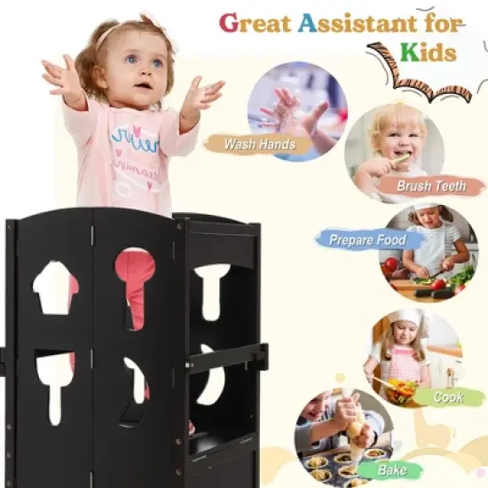 Costway Folding Kitchen Kids Step Ladder Stool Wooden Toddler Safety Tower Helper Coffee/White image {5}