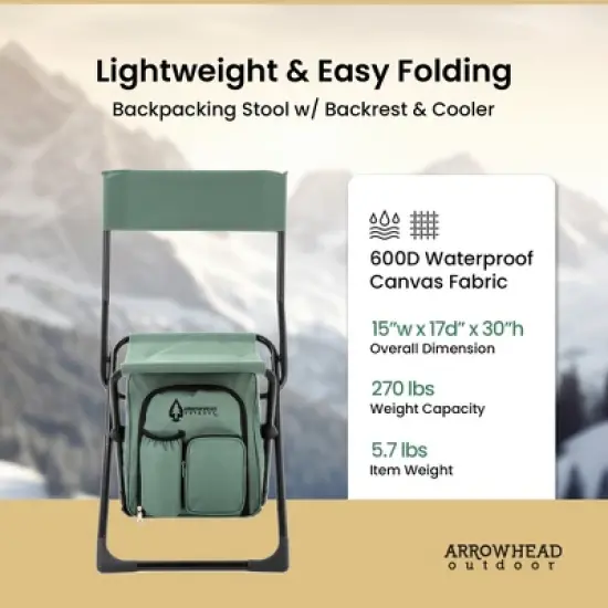 Arrowhead Outdoor Multi-Function 3-in-1 Compact Camp Chair: Backpack, Stool & Insulated Cooler, w/Bottle Holder & Storage Bag, Hiking (Forest Green) image {1}