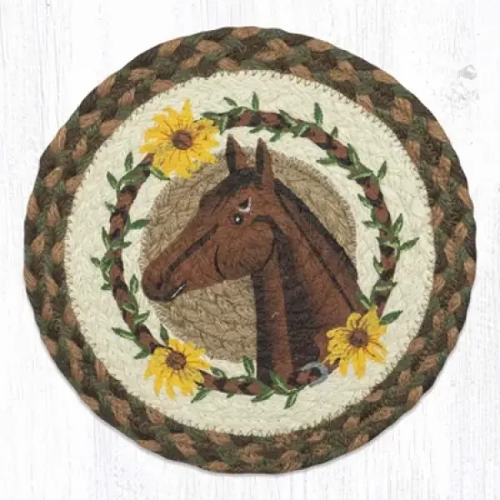 Earth Rugs Horse Lover Gift &ndash; Handmade Jute Hot Pad with Brown Horse and Daisies image {3}