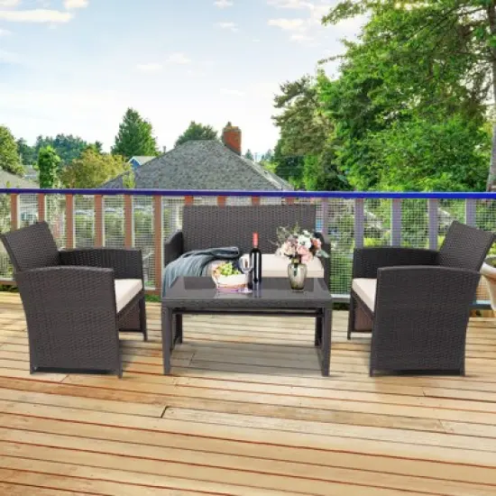 Tangkula 4PCS Outdoor Patio Furniture Sets Weather-Resistant Rattan Sofas w/ Soft Cushion White image {3}