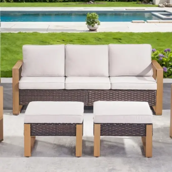 POCASSY 75" Wide Outdoor Sofa Outdoor Furniture Sets, All-Weather Brown Wicker Rattan Outdoor Couch with Ottomans and Cushions for Porch Balcony image {1}