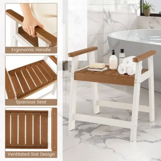 Costway Heavy Duty Waterproof HDPE Shower Bench Bathroom Shower Chair with Armrest Off White & Brown image {7}