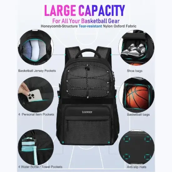 Basketball Bag Backpack with Ball Holder Shoes Compartment, Large Basketball Accessories Sports Bag image {3}
