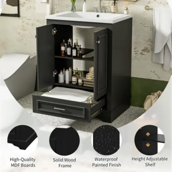 24" Bathroom Vanity with Ceramic Sink, Modern Freestanding Storage Cabinet with Silver Handles & Soft Closing Doors - ModernLuxe image {5}