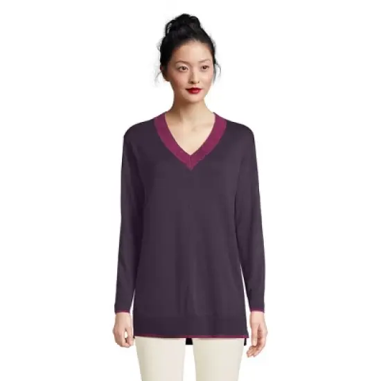 Lands' End Women's Fine Gauge Cotton V-Neck Pullover Tunic Sweater - Stripe image {6}