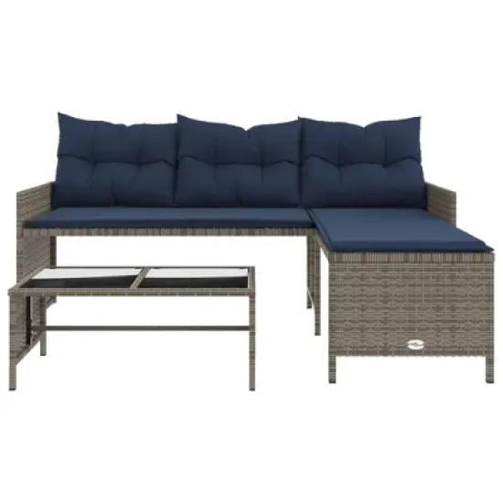 vidaXL 3-Seater L-Shaped Patio Sofa Set with Table - Gray Poly Rattan, Navy Cushions, Powder-Coated Steel Frame & Glass Top image {4}
