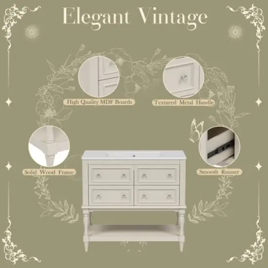 Mshliw 36 Inch Bathroom Vanity with Sink Combo, Modern Freestanding Cabinet with 4 Drawers and Shelf, Solid Wood Frame and Ceramic Basin(Black) image {4}