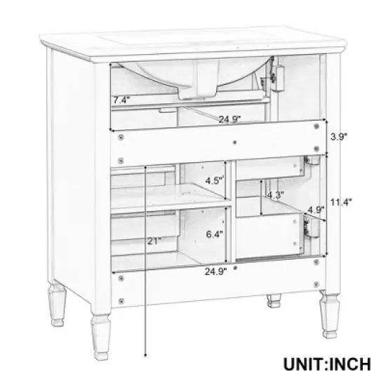 Whisen 30" Bathroom Vanity with Sink, 3 Drawers & Adjustable Shelf image {12}