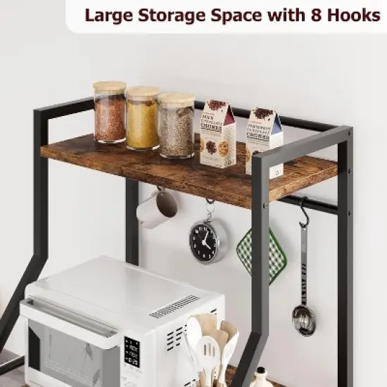 Nasitip Rustic Brown 50.7" Kitchen Baker&rsquo;s Rack with Wire Basket, 4-Tier Microwave Stand with 8 Hooks, Industrial Coffee Bar Storage Shelf image {4}