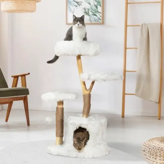 Sandinrayli Cloud Cat Tree Tower, Solid Natural Wood Branches, White image {10}