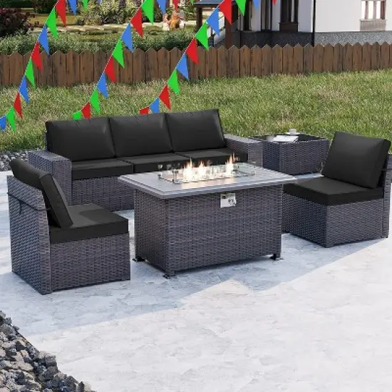 ALAULM 7 Pieces Outdoor Patio Furniture Set with 43" Gas Propane Fire Pit Table PE Wicker Rattan Sectional Sofa image {1}