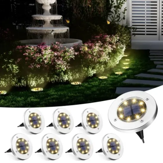 Warm White 8 LED Solar Outdoor Waterproof In-Ground Path Lights for Pathway, Yard, Lawn, Patio and Walkway image {9}