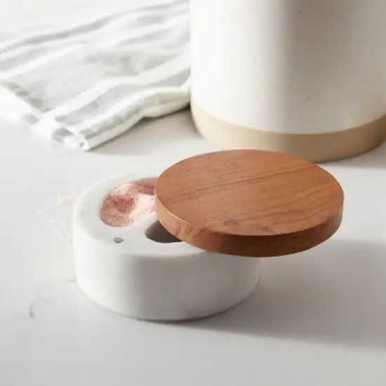 Marble/Wood Salt Cellar with Wooden Lid - Threshold&trade;: Multicolored Kitchen Mortar & Pestle Accessory image {1}