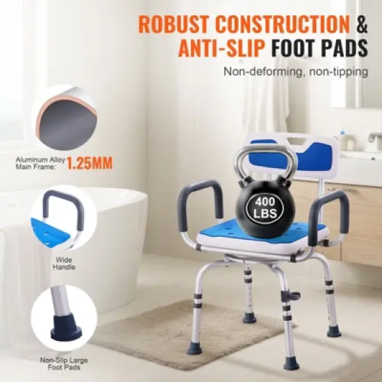 VEVOR Swivel Shower Chair 360 Degree, Adjustable Shower Seat with Armrests and Backrest for Inside Shower or Bathtub, 400lbs Capacity, White+Blue image {4}
