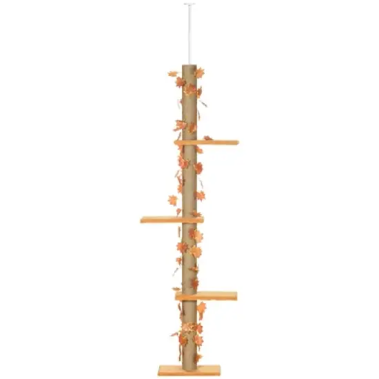 Pawhut Floor to Ceiling Cat Tree with Adjustable Height 80"- 95", Tall Cat Tree for Indoor Cats with Sisal Scratching Post, Platforms, Leaves image {3}