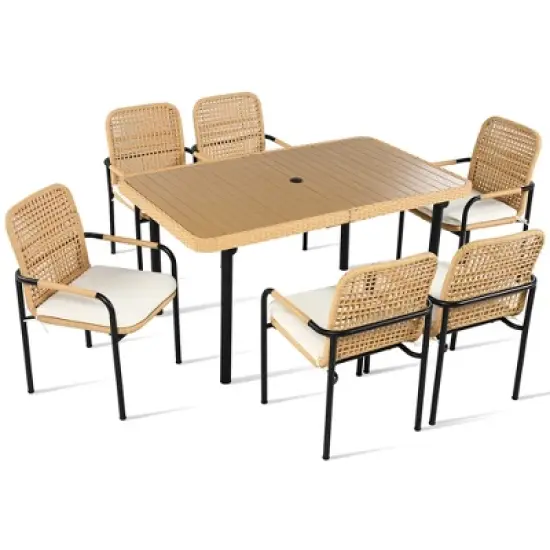 FIONECA 7-Piece Outdoor Wicker Patio Dining Set with Plastic-Wood Table Top, Umbrella Hole, Beige Cushions &uml;C Backyard, Garden & Poolside Furniture image {7}