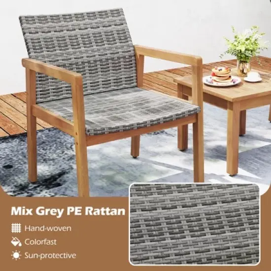 Tangkula 3 Pieces Patio Furniture Set PE Rattan Patio Bistro Set with Chairs & Coffee Table Outdoor Acacia Wood Conversation Set for Garden image {4}