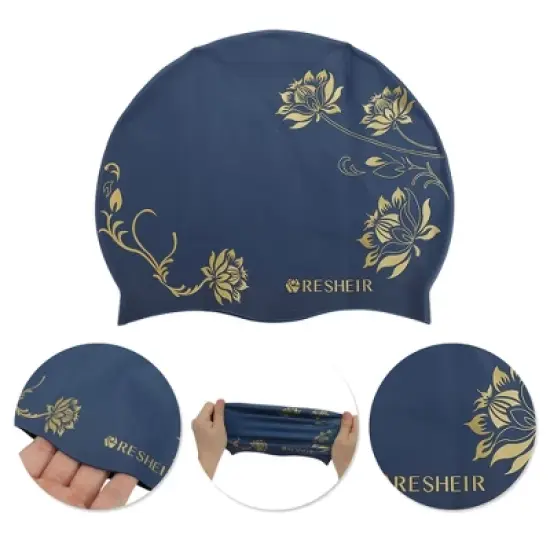 Unique Bargains Silicone Waterproof Lotus Printed Swim Cap 1 Pc image {2}