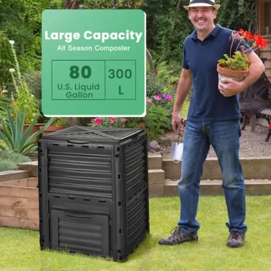 Tangkula 80-Gallon Outdoor Composter W/ Large Openable Lid & Bottom Exit Door image {4}