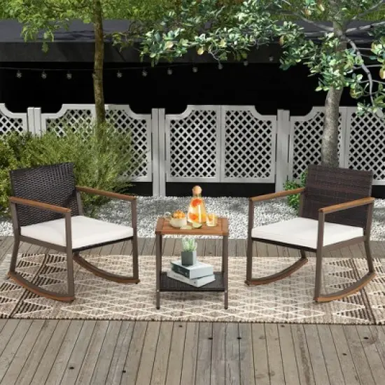 Tangkula 3PCS Patio Rattan Rocking Chair Bistro Set Armrest Cushion Table w/ Storage Shelf image {2}