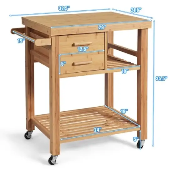 Costway Bamboo Kitchen Trolley Cart Wood Rolling Island w/ Tower Rack & Drawers image {1}