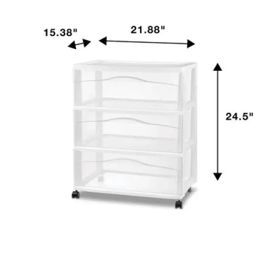 3 Drawer Wide Cart White - Brightroom&trade;: Plastic Storage Drawers, Utility Cart with Casters, Portable Universal Storage image {3}