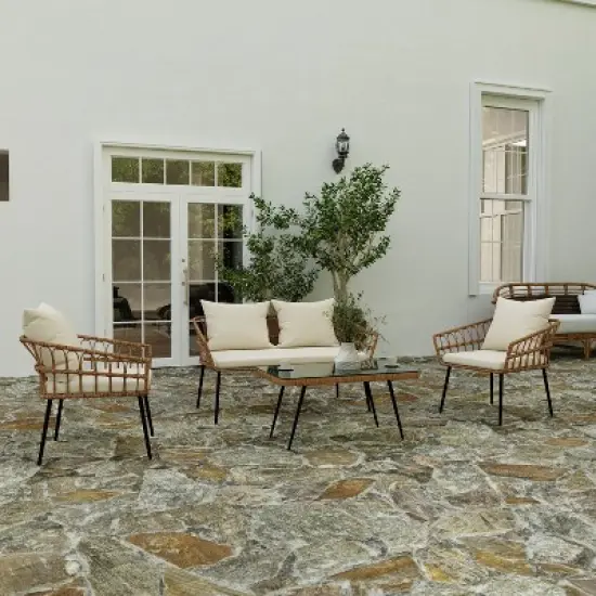 Merrick Lane Four Piece Indoor/Outdoor Boho Open Weave Natural Rattan Rope Patio Set with Two Chairs, Loveseat and Table with Cushions image {1}
