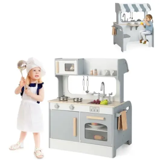 Costway 2 in 1 Kids Play Kitchen& Restaurant Double Sided Wooden Kitchen Playset Toddler image {9}