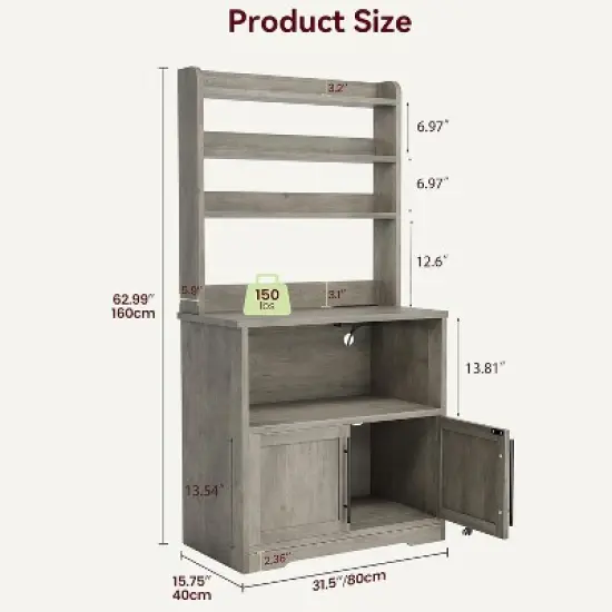Acekool Bakers Rack with Storage Cabinet, Power Outlets, Thick Tabletop, Kitchen Pantry Hutch, 62.99" image {1}