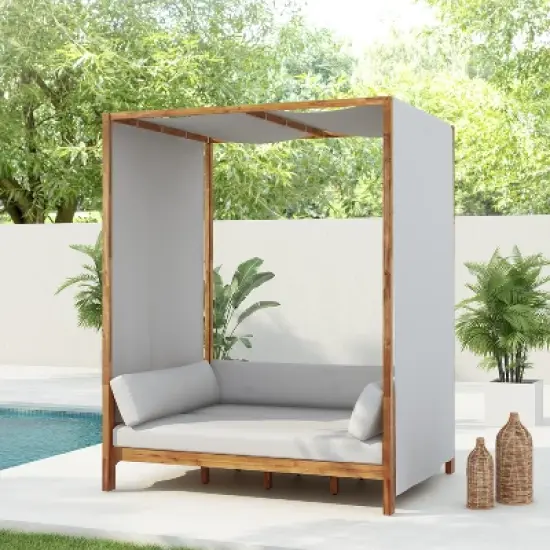 Scott Living Dara Outdoor Acacia Wood Daybed with Canopy and Curtains, Washable Cushions and Detachable Pillows image {10}