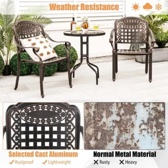 Costway 4pcs Patio Cast Aluminum Armrest Chairs Dining Stackable Outdoor Bronze/White image {4}