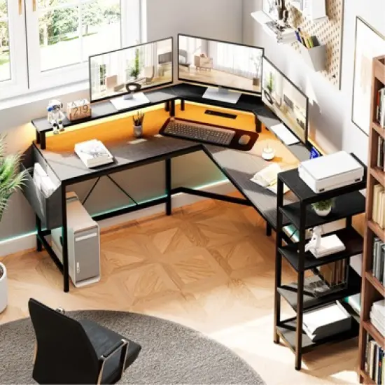61" L Shaped Gaming Desk, with Monitor Stand, L-Shaped Corner Computer Desks, Built-in LED Lights and Side Storage Pockets, for Small Spaces image {5}