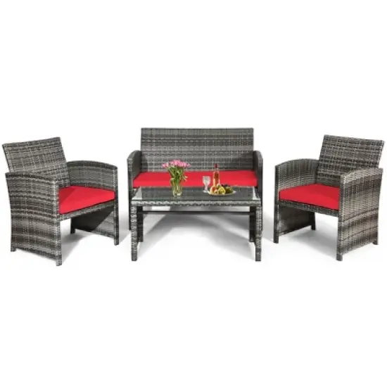 Tangkula 4-Piece Outdoor Patio Furniture Set Rattan Wicker Conversation Sofa Set image {3}