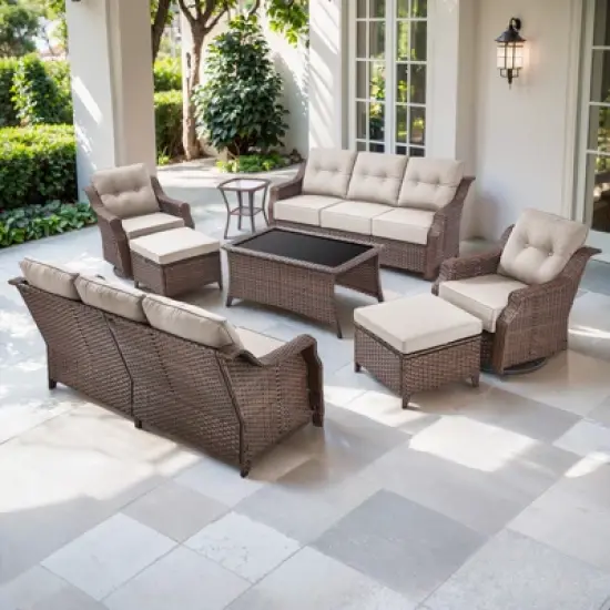 POCASSY 6 Inch Thick Cushion Patio Furniture Set with Swivel Glider Chairs, 8 Piece Patio Set with Brown Wicker Round Rattan and Olefin Cushion Cover image {15}